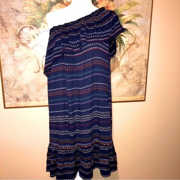 Sz S Xhileration Blue Mexican Embroidered One Shoulder Ruffle Dress Coverup - Picture 1 of 12